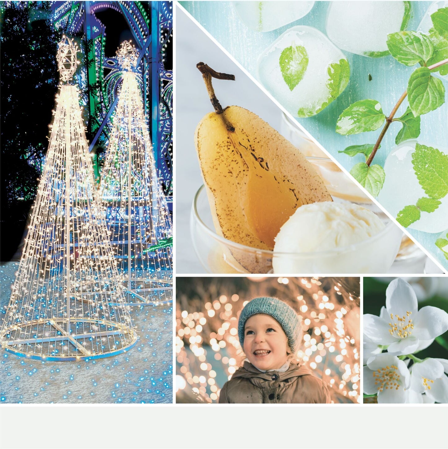 a fragrance in 2D image with photos of light-up trees, a smiling child, white flowers, and food items